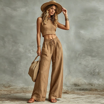 Women's Sleeveless Vest & Drawstring High-Waist Wide-Leg Pants Set FitiqueFit