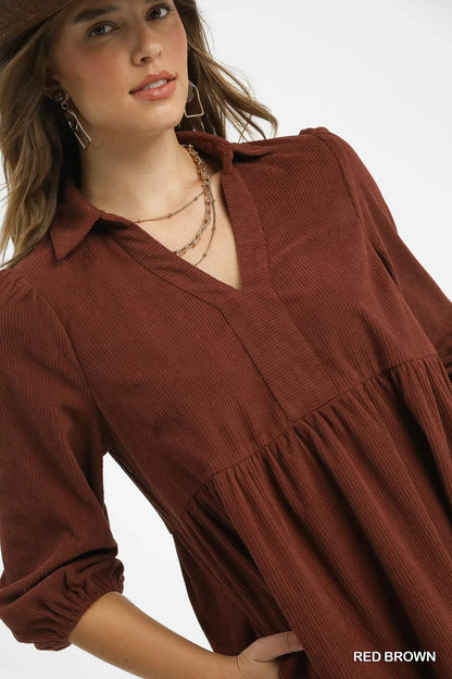 Umgee Tiered Corduroy Mini Dress with Balloon Sleeves West2East Surf