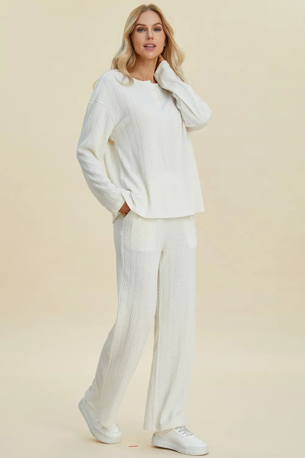 Double Take Full Size Cable-Knit Long Sleeve Top and Pants Set West2East Surf