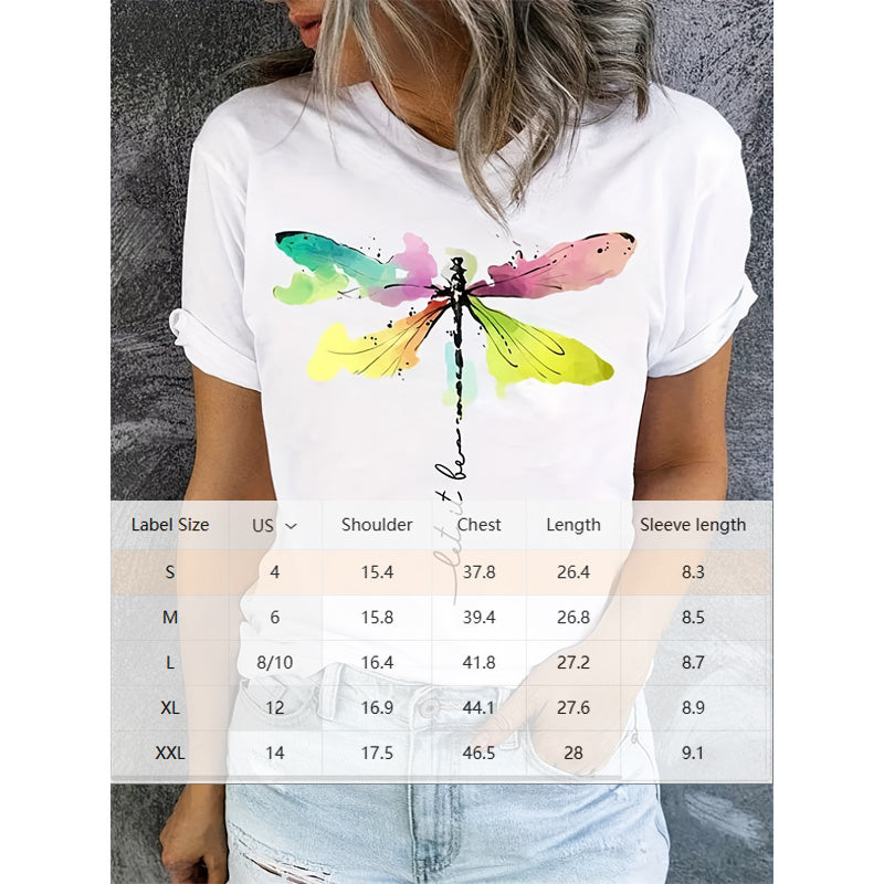 Short Sleeve T-Shirt Dragonfly Pattern Casual Round Neck Tee FitiqueFit