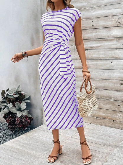 Elegant Waist Strap Striped Round Neck Short Sleeve And Long Pattern Dress Grayceful LLC