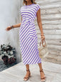 Elegant Waist Strap Striped Round Neck Short Sleeve And Long Pattern Dress Grayceful LLC