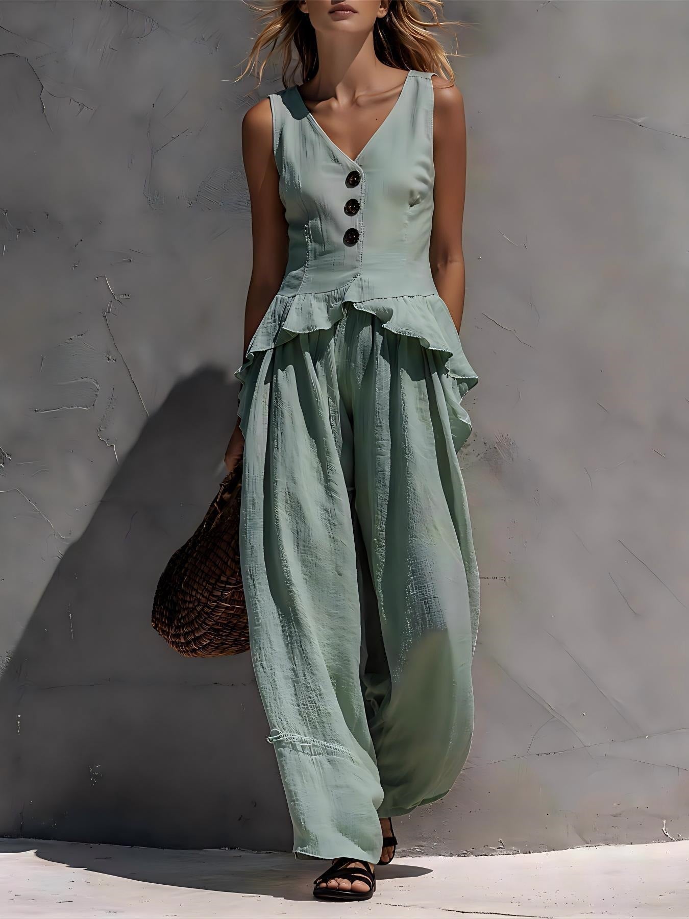 Ruffled Tank Top & Draping Wide-Leg Pants Set – 6 Colors, S–3XL FitiqueFit