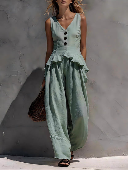 Ruffled Tank Top & Draping Wide-Leg Pants Set – 6 Colors, S–3XL FitiqueFit