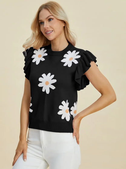 Double Take Full Size Ruffled Flower Round Neck Cap Sleeve Sweater New Era Fashion LLc