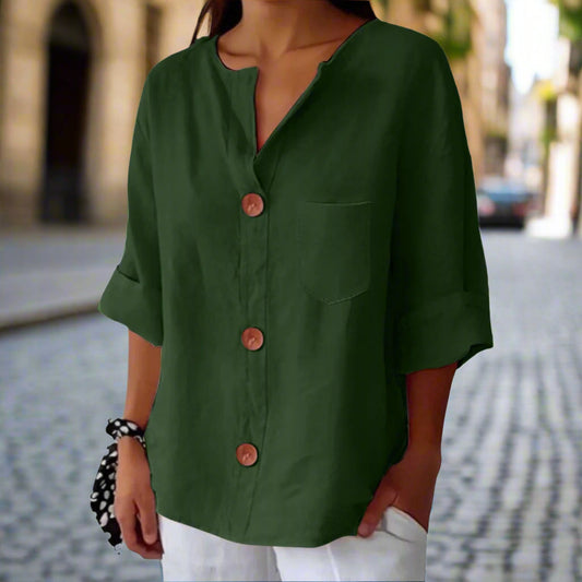 Women’s Loose V Neck T Shirt – Cotton Linen Button Top FitiqueFit