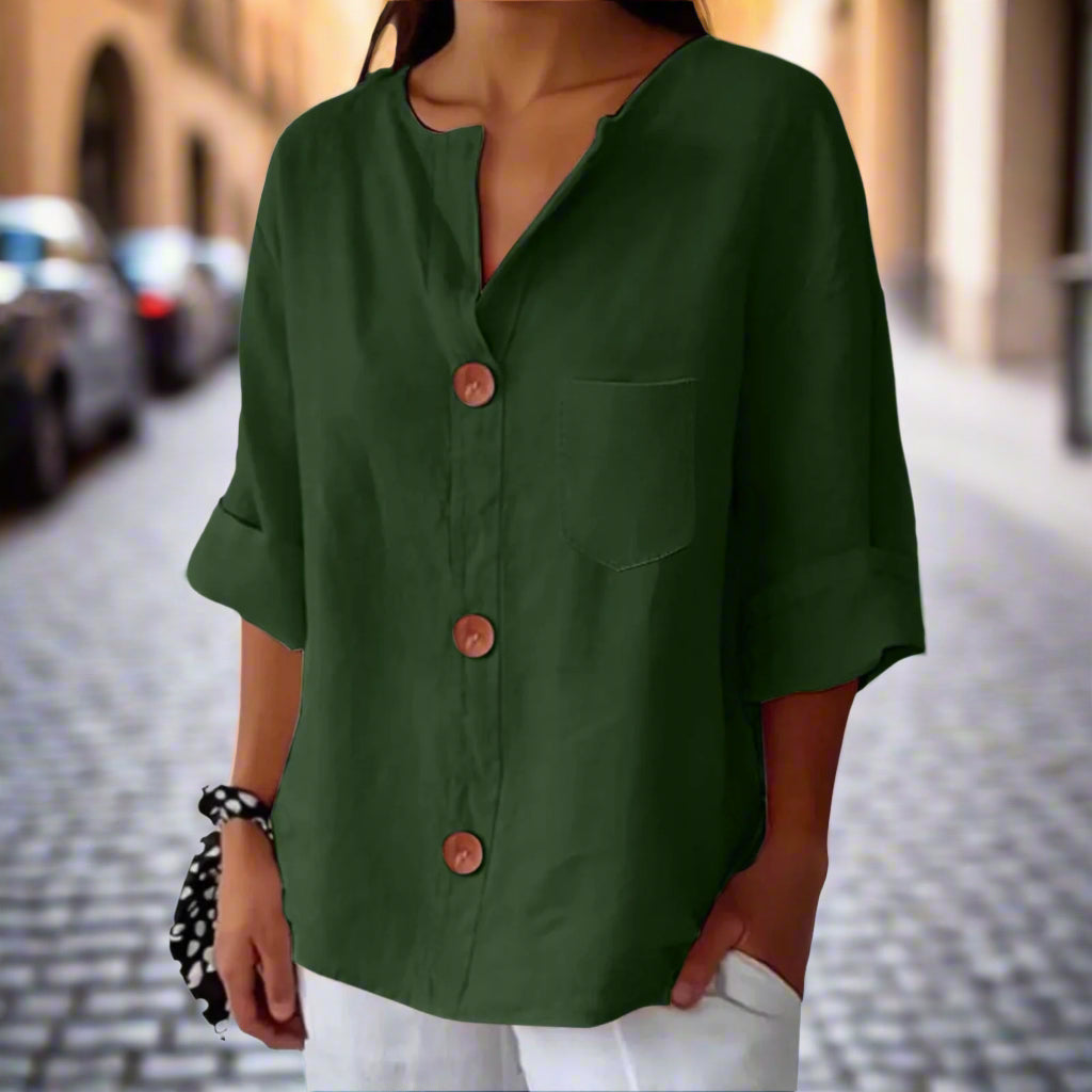 Women’s Loose V Neck T Shirt – Cotton Linen Button Top FitiqueFit