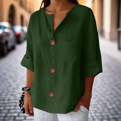 Women’s Loose V Neck T Shirt – Cotton Linen Button Top FitiqueFit