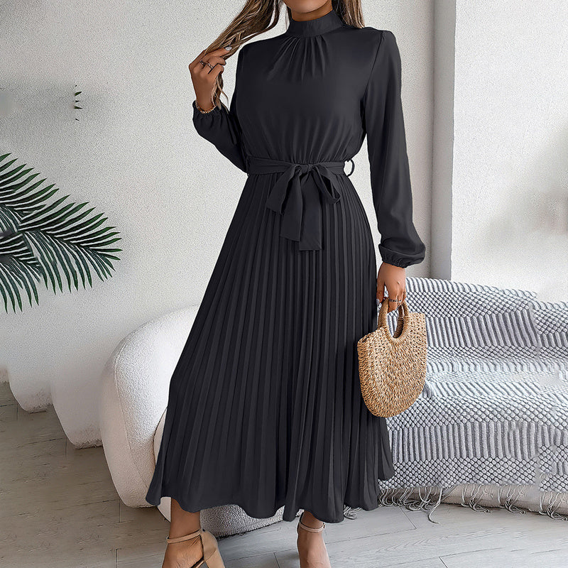 Elegant High Neck Long Sleeve Pleated Maxi Dress - Solid Color Flowy Dress For Women, Casual To Formal Wear Grayceful LLC