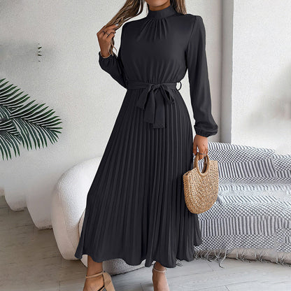 Elegant High Neck Long Sleeve Pleated Maxi Dress - Solid Color Flowy Dress For Women, Casual To Formal Wear Grayceful LLC