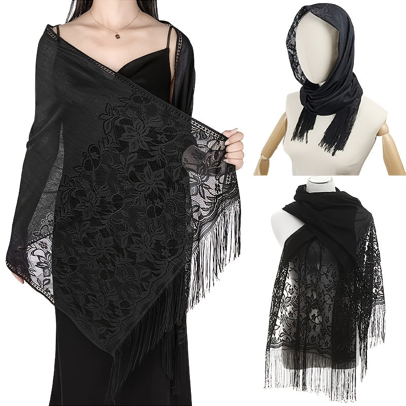 Women's Casual Shawl Wrap - Solid Color, Lightweight Polyester Knit - Going Out Essentials | Fringe Trim | Floral Lace Details NovaCart