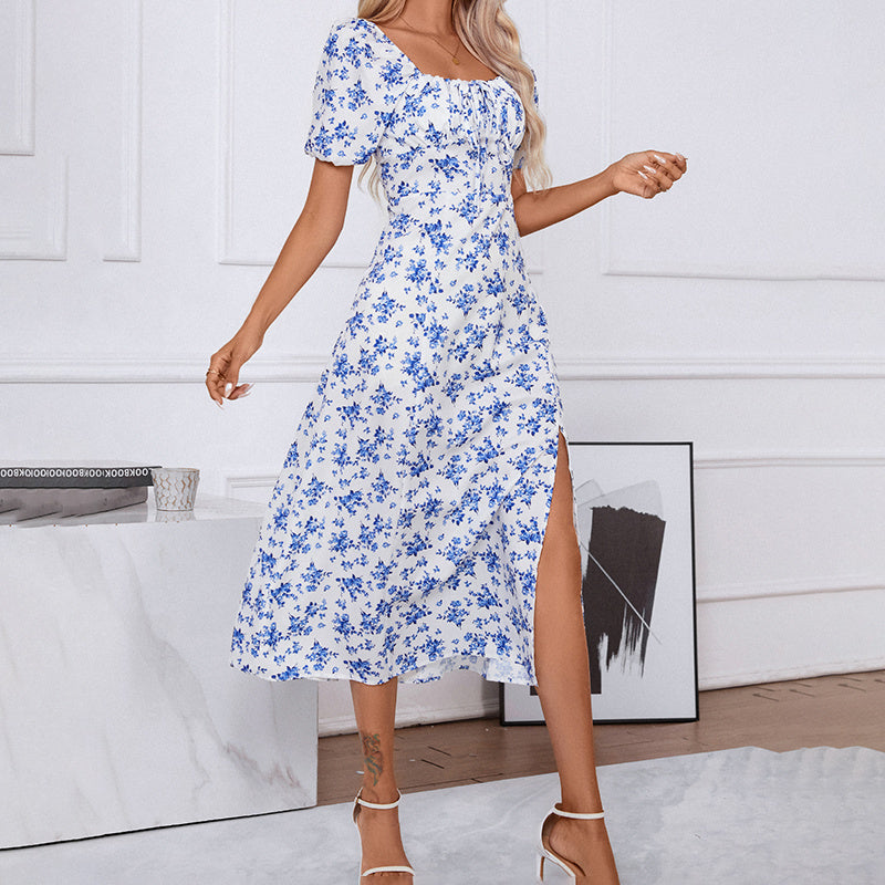 Square Neck Floral Print Dress With Puff Sleeves & Side Slit Maxi Dress FitiqueFit