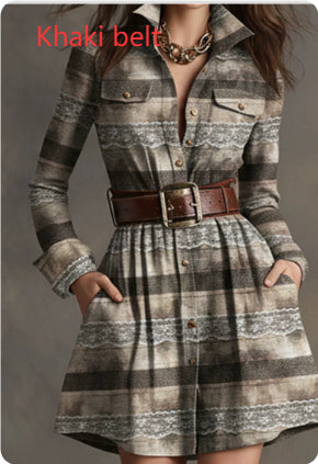 Women's Elegant Plaid Long Sleeve Mini Dress | Belted FitiqueFit