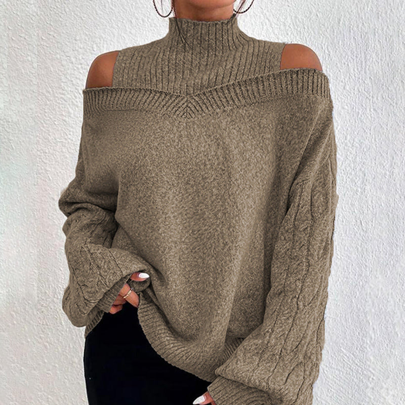 Women's Cold Shoulder Sweater - High Neck Cut Out Pullover Long Sleeve FitiqueFit
