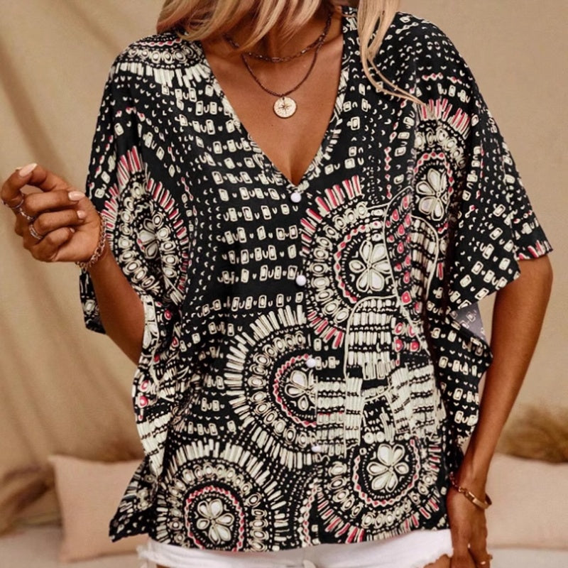 Mandala Print V-Neck Blouse – Casual Vacation Top FitiqueFit