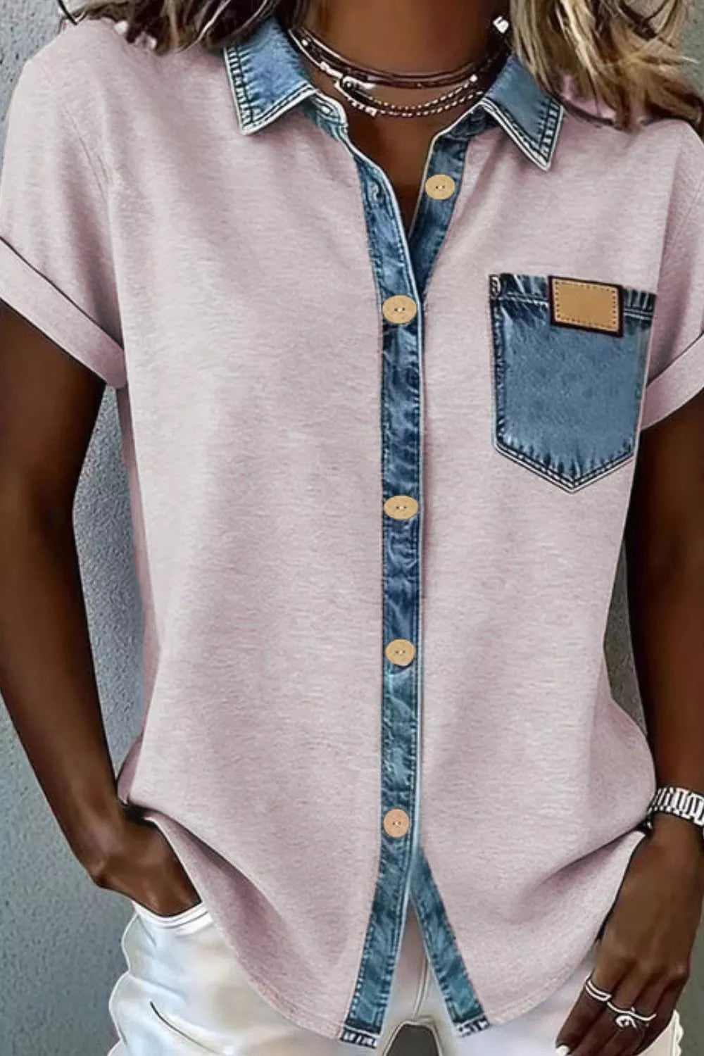 Denim Trim Button-Down Shirt New Era Fashion LLc
