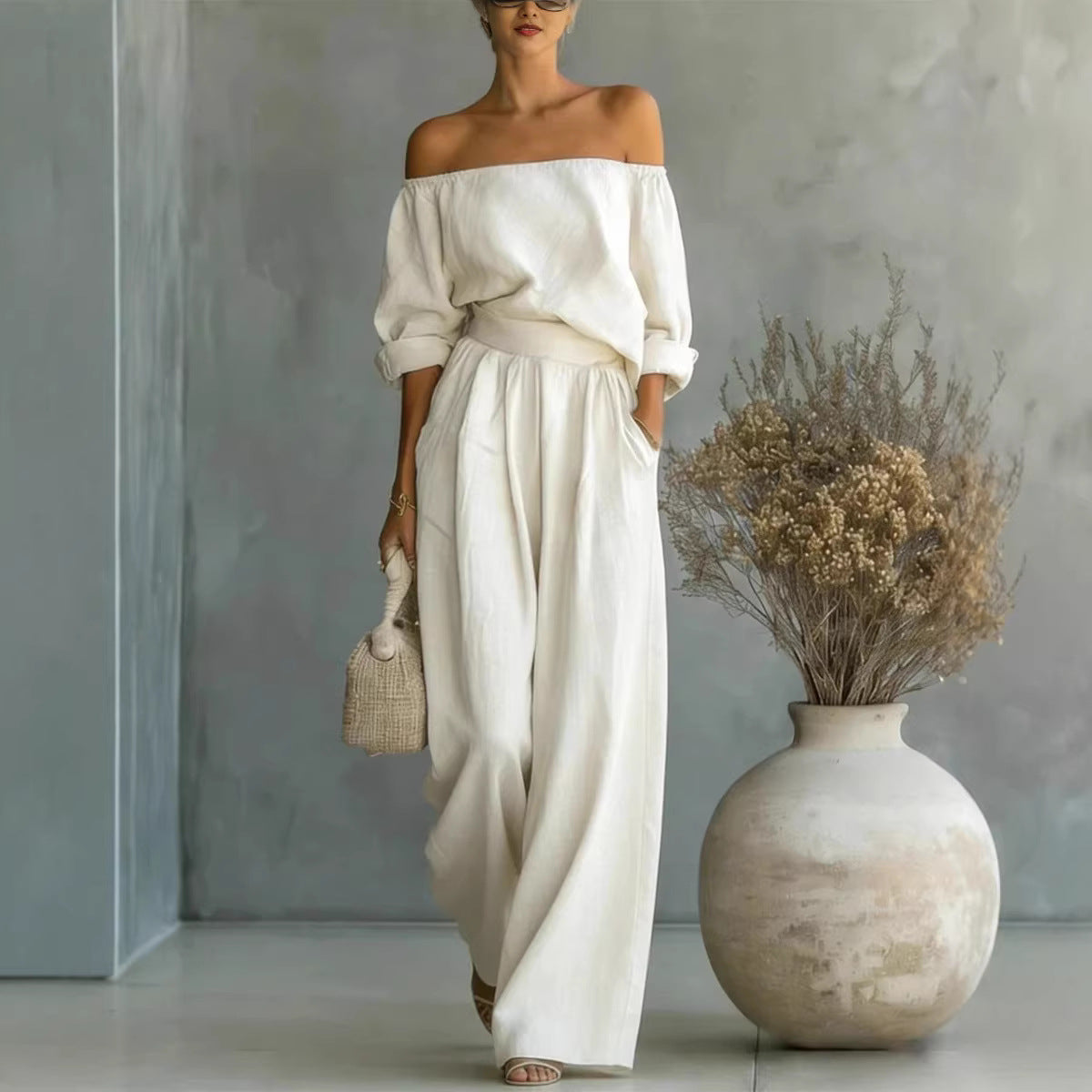Women's Off-Shoulder Long-Sleeve Top & Wide-Leg Pants Two-Piece Set FitiqueFit