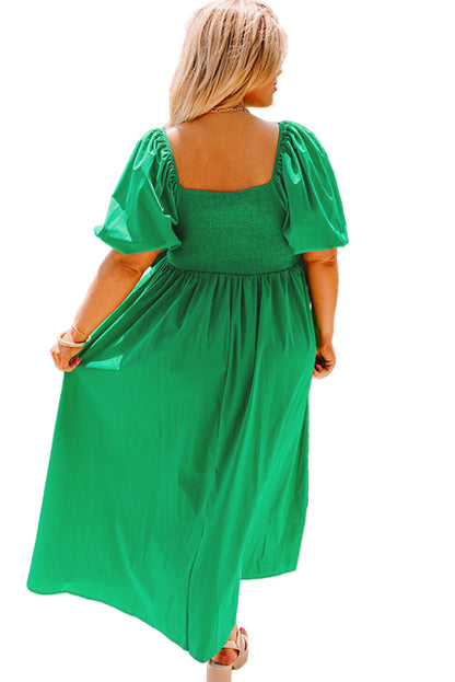 Bright Green Ruched Front Puff Sleeve Plus Size Long Dress Garden Naked Curves