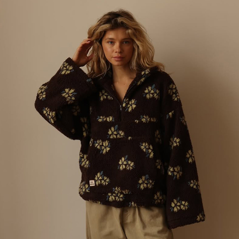 Winter Flowers Lambskin Sweatshirt Women | Cozy Zip-Up Pocket Pullover FitiqueFit