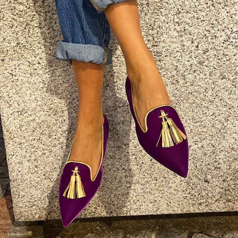 Women's Suede Pointed Toe Tassel Flats – Shallow Mouth Low Heel Casual Shoes FitiqueFit
