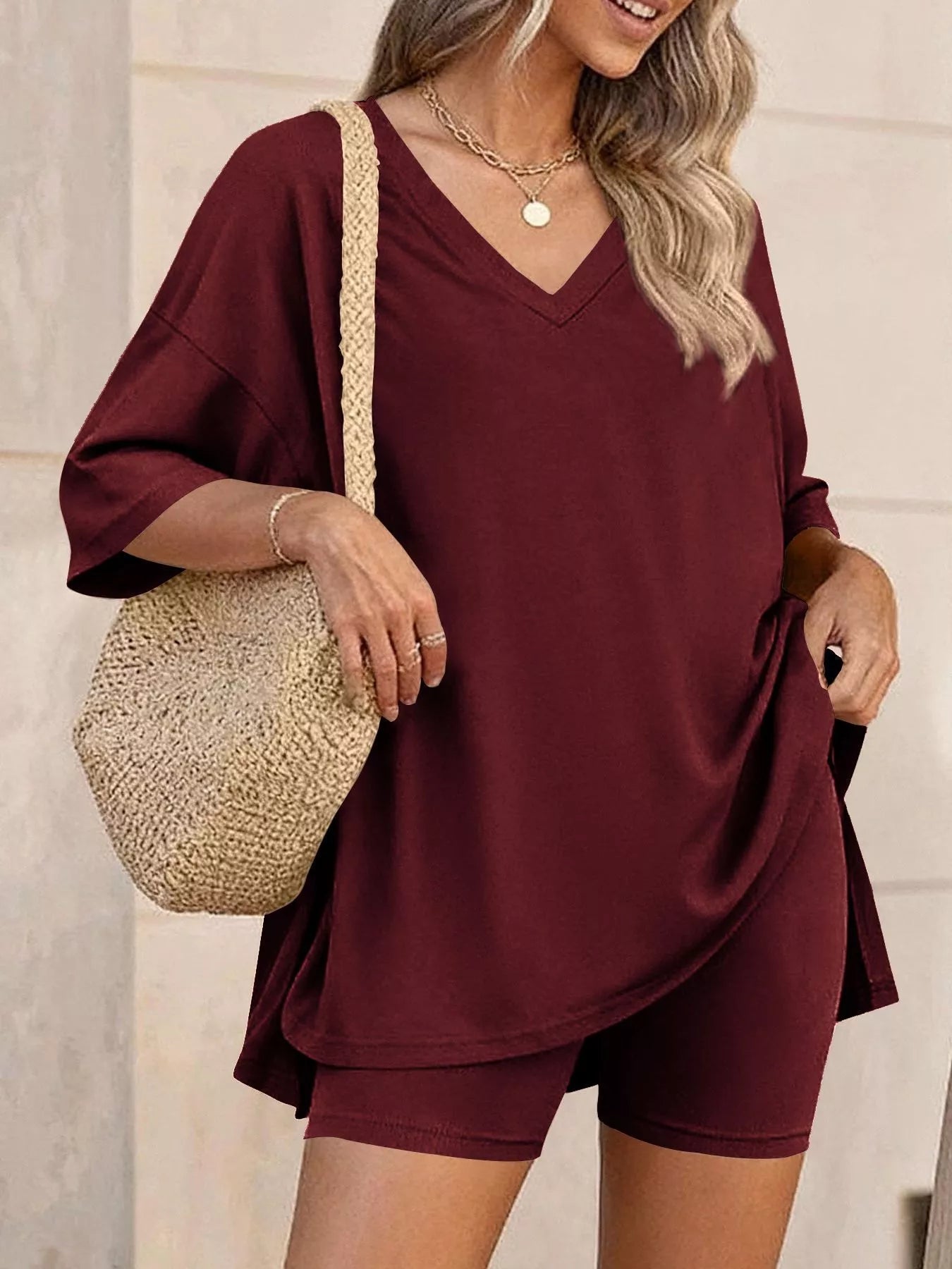 Full Size Casual Loose V-Neck T-Shirt & Shorts Set Plus Size New Era Fashion LLc