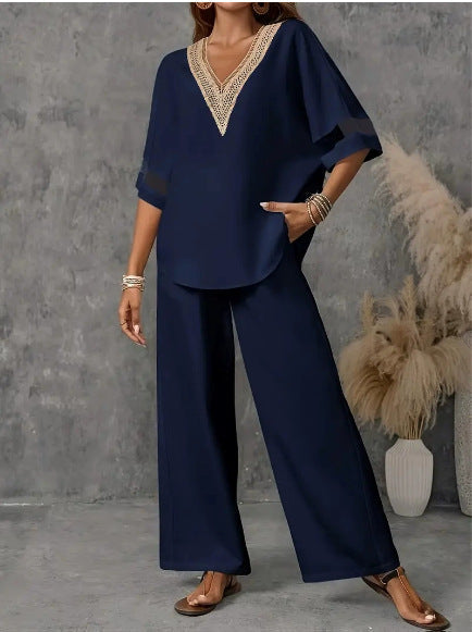 Women's Embroidered V-Neck Top & Wide-Leg Pants Set – 5 Colors S–XXL FitiqueFit