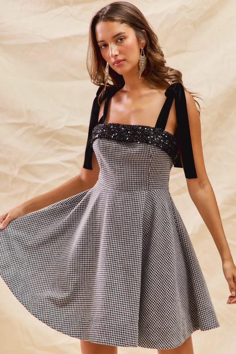 SO ME Houndstooth Fit Flare Mini Dress with Shoulder Tie West2East Surf