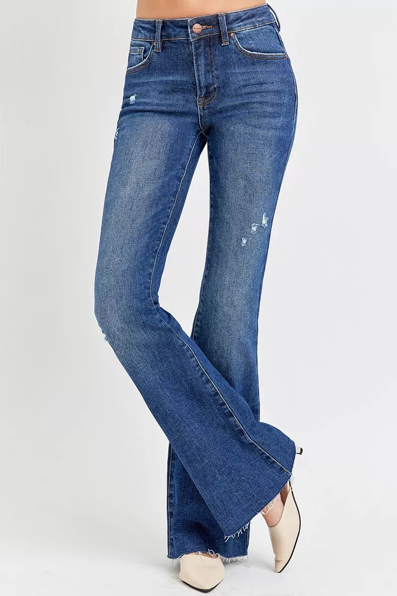 RISEN Full Size Distressed Mid Rise Flare Jeans Plus Size Garden Naked Curves