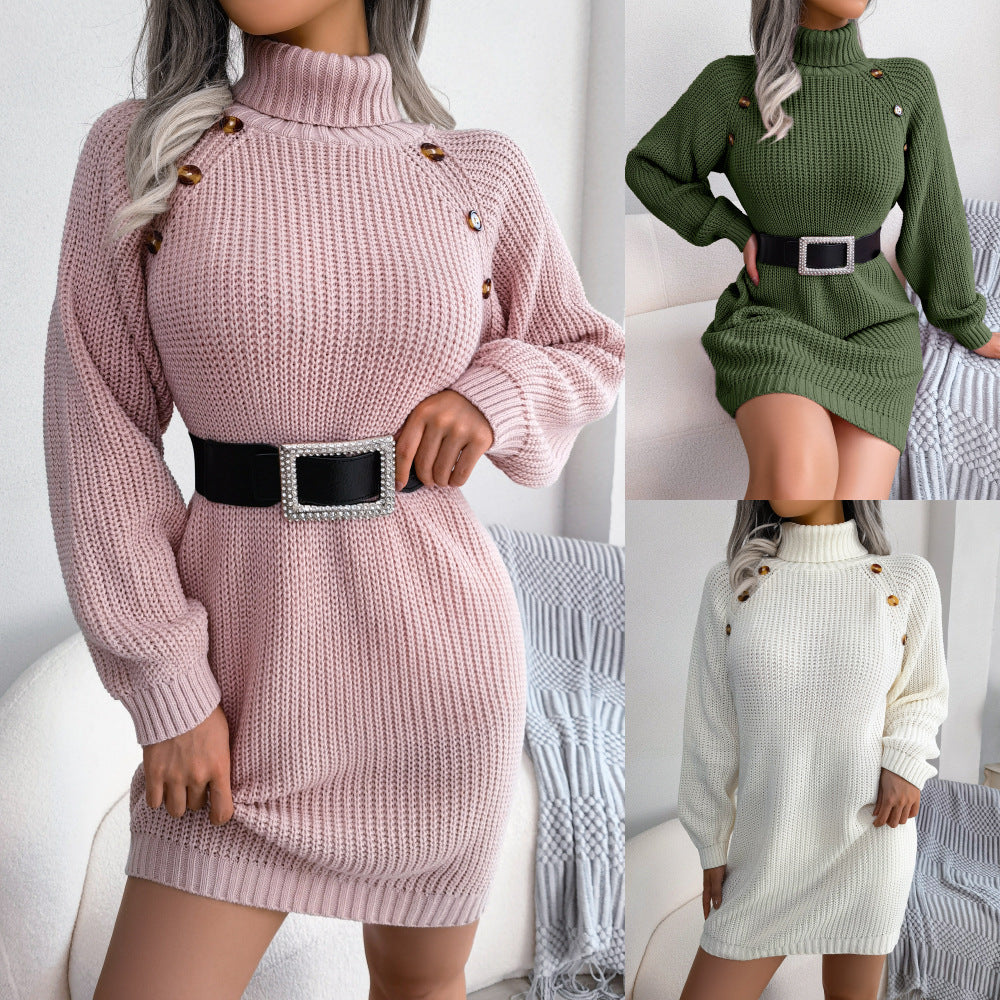 Winter Turtleneck Long Sweater Dress With Button Design Leisure Clinch Long Sleeve Base Sweater Women Grayceful LLC