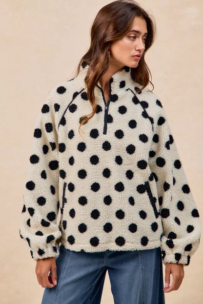 BiBi Polka Dot Sherpa Half Zip Up Top with Side Pocket FitiqueFit