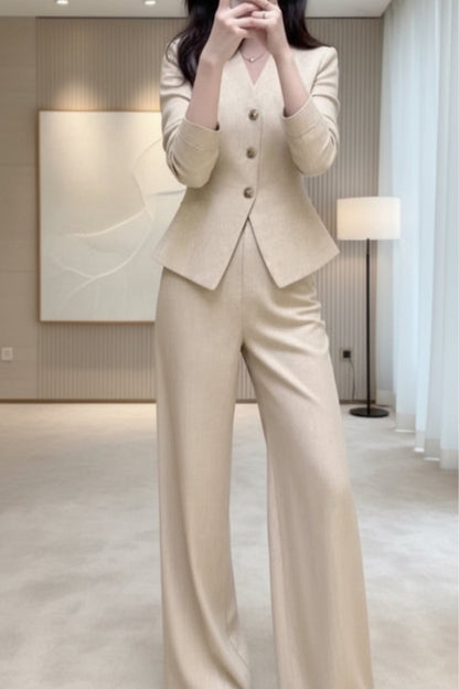 Waist-Grabbing Beige Coat and Wide Leg Pants Set FitiqueFit