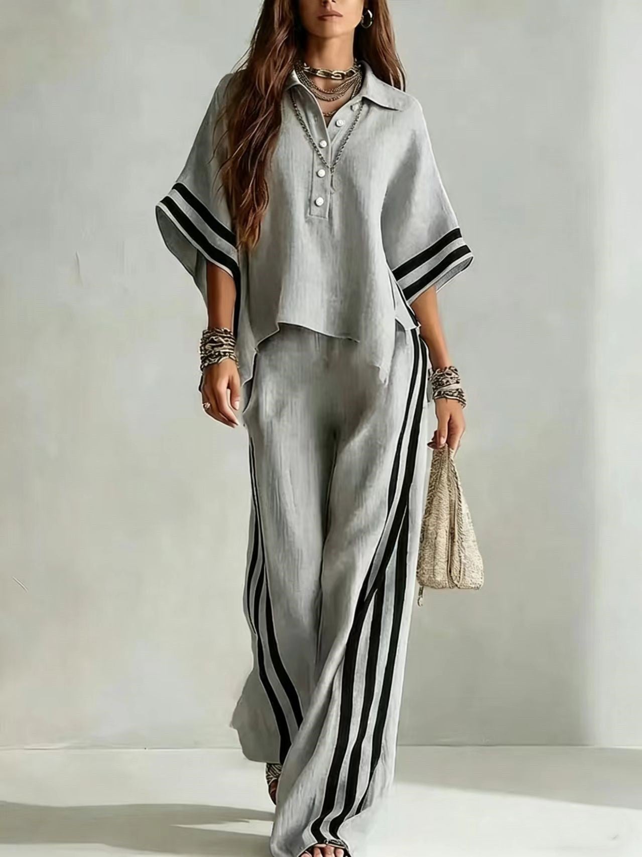 Women's Short-Sleeve Shirt & Loose Pants Two-Piece Set FitiqueFit
