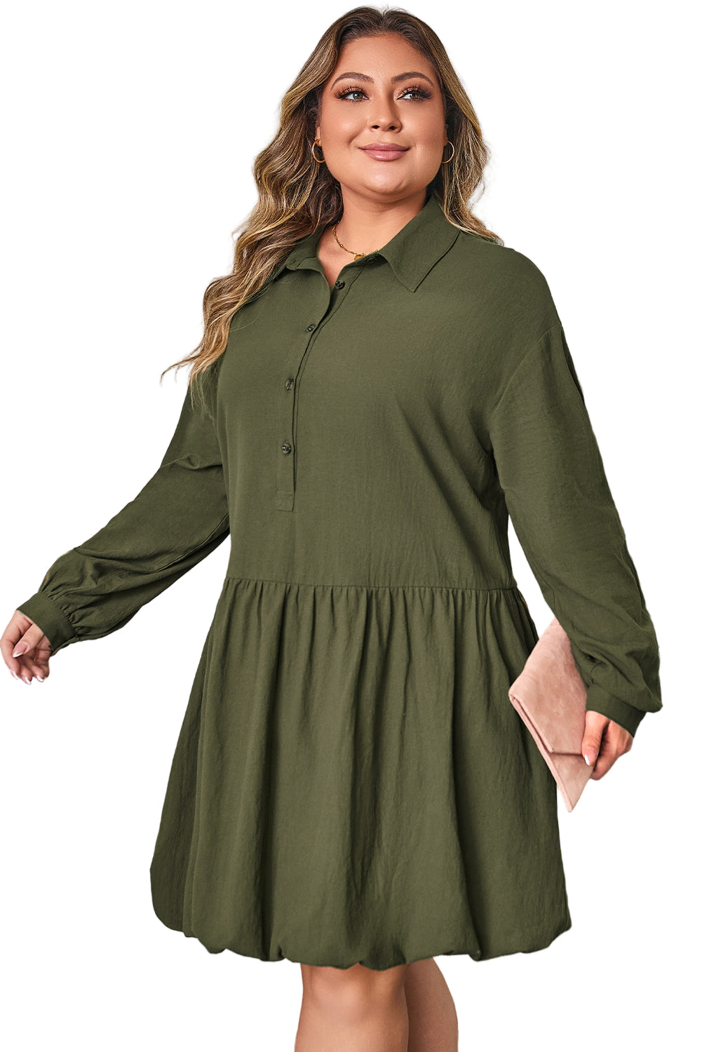 Four Leaf Clover Plus Size Collar Half Button Long Sleeve Ruffle Hem Mini Dress Garden Naked Curves
