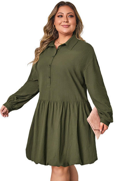 Four Leaf Clover Plus Size Collar Half Button Long Sleeve Ruffle Hem Mini Dress Garden Naked Curves