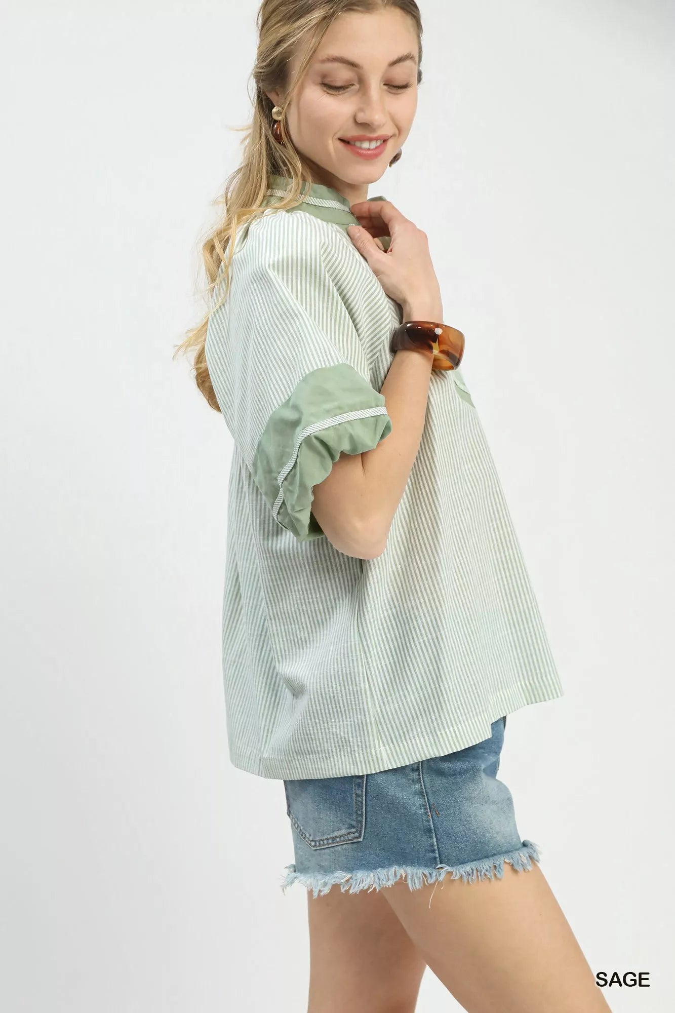 Umgee Striped Mixed Puff Sleeve Blouse Montret