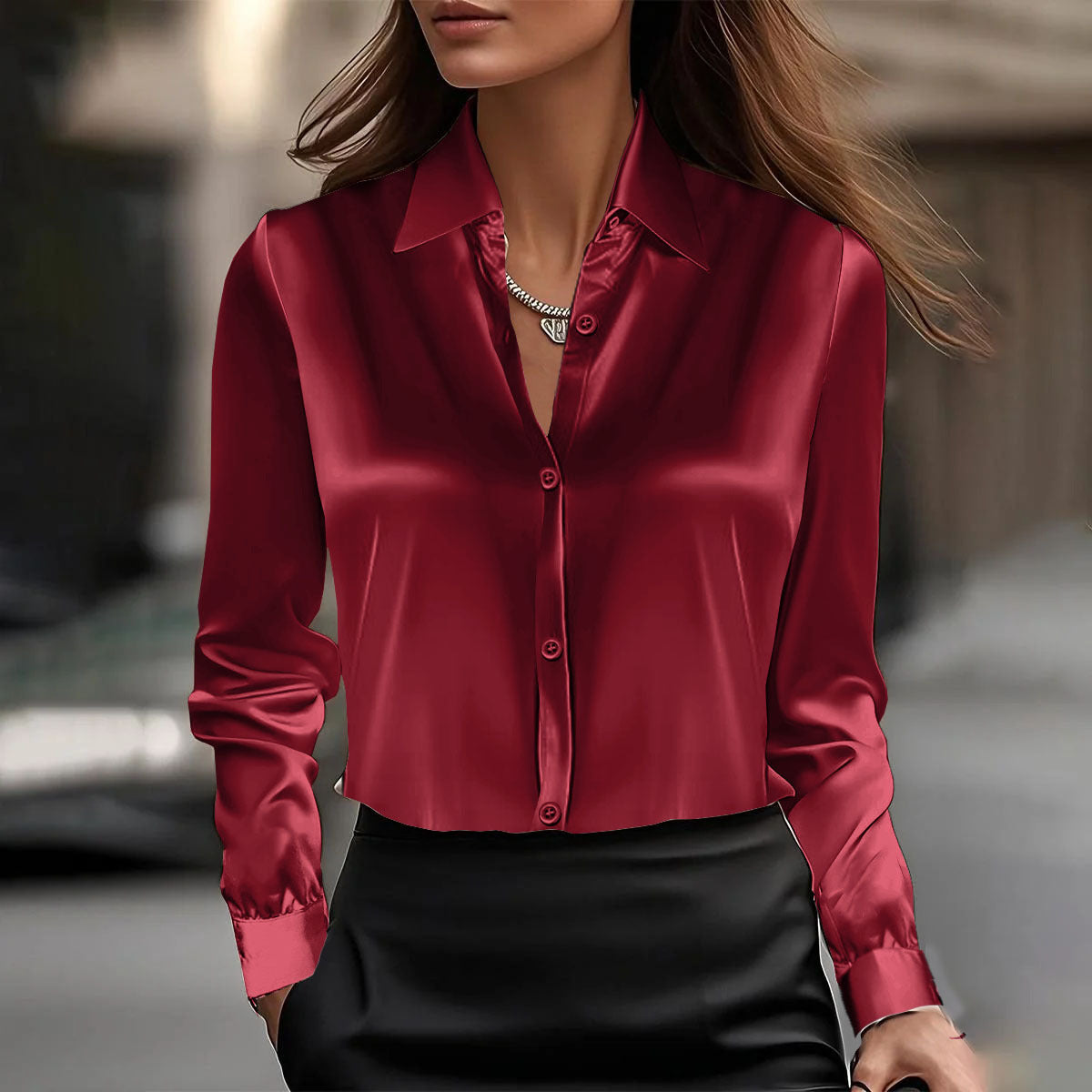 Long Sleeve Satin Swing Collar Top | Elegant Commuter Shirt FitiqueFit