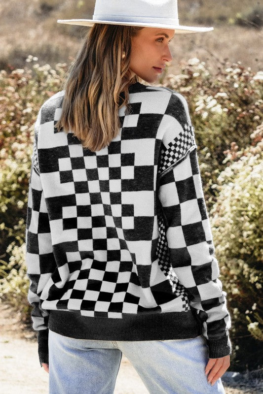 Checker Round Neck Drop Shoulder Sweater Shop Style & More | Fresh Looks, Everyday Deals & Free Shipping