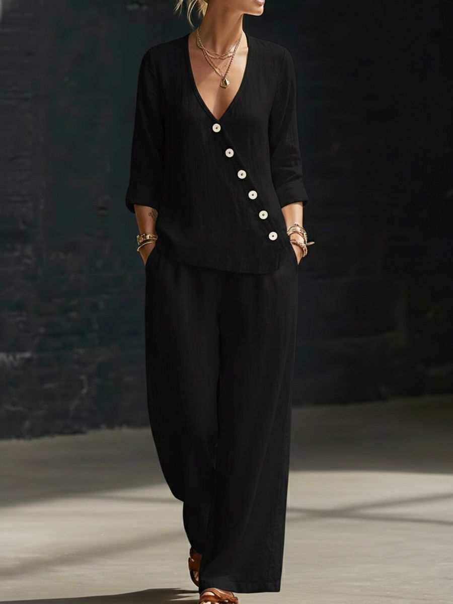 Women’s V-Neck Cross-Over Shirt and Wide-Leg Pants Set FitiqueFit