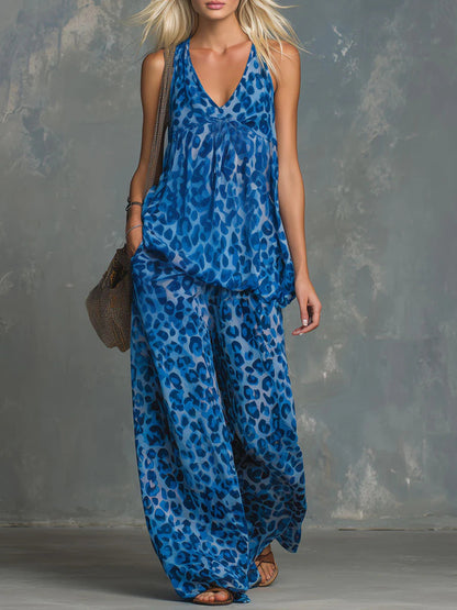 Women’s Leopard Print Sleeveless Top and Chiffon Pants Set FitiqueFit