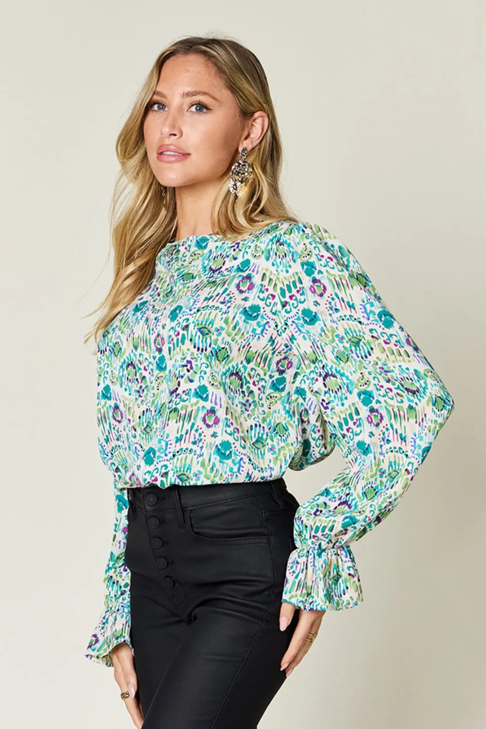 Double Take Full Size Printed Flounce Sleeve Blouse New Era Fashion LLc