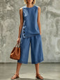 Women's Tank Top & Wide-Leg Pants Set – Side Split, Pockets, Buttons FitiqueFit