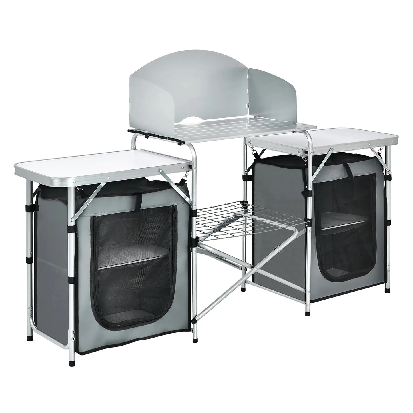 Ultimate Folding Portable Aluminum Camping Grill Table with Storage Organizer and Windscreen in Grey