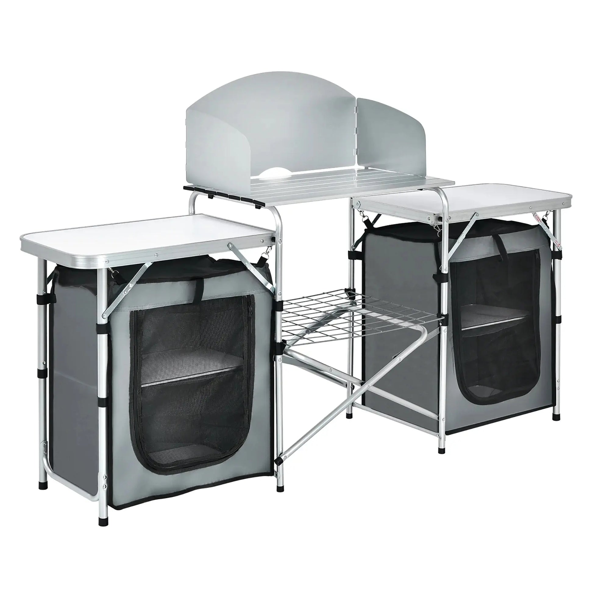 Ultimate Folding Portable Aluminum Camping Grill Table with Storage Organizer and Windscreen in Grey