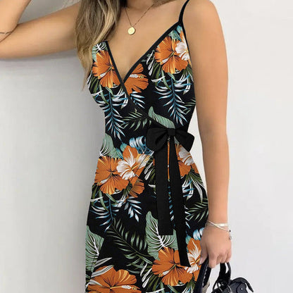 Women's V-neck Lace Up Plant Print Off Shoulder Versatile Dress FitiqueFit