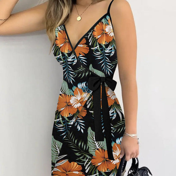 Women's V-neck Lace Up Plant Print Off Shoulder Versatile Dress FitiqueFit