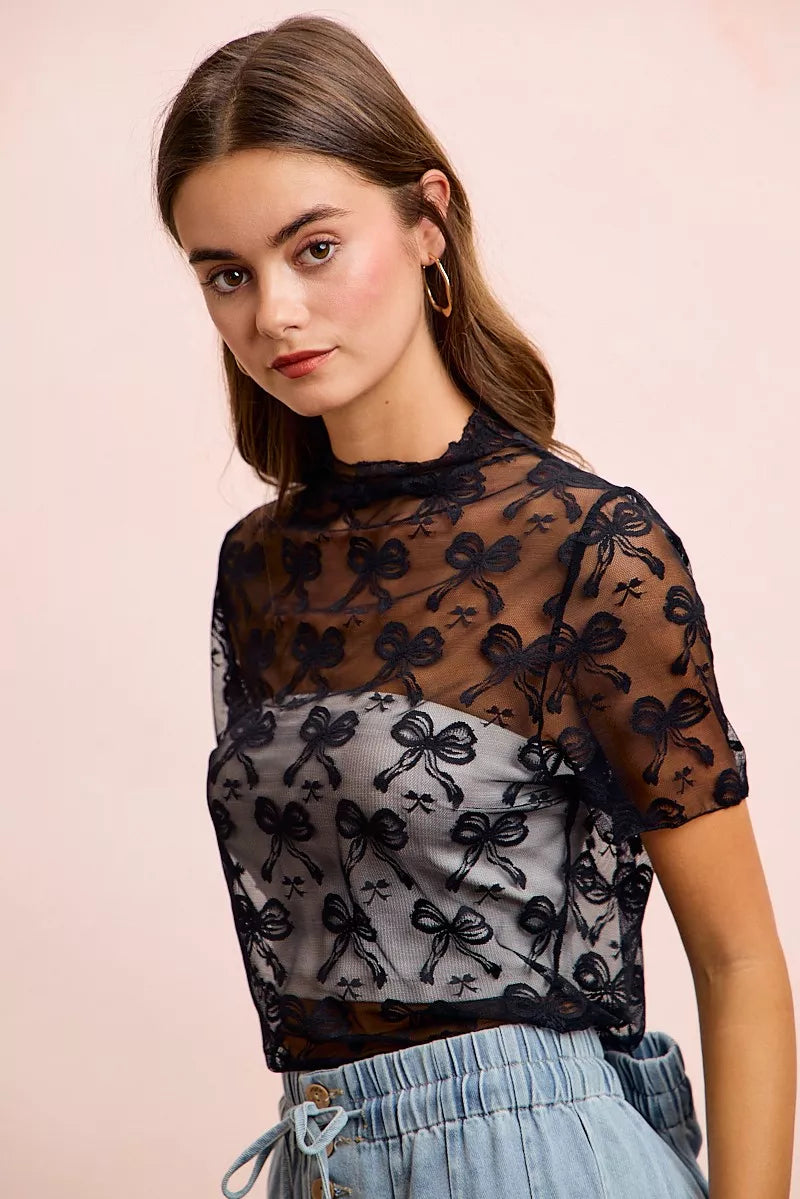 BiBi High Neckline Short Sleeves Bow Pattern Mesh Top New Era Fashion LLc