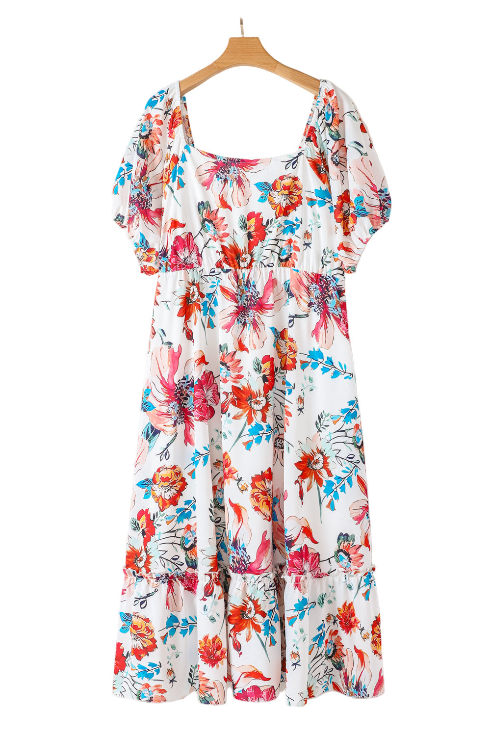 White Floral Square Neck Puff Sleeve Flowy Plus Size Midi Dress Garden Naked Curves