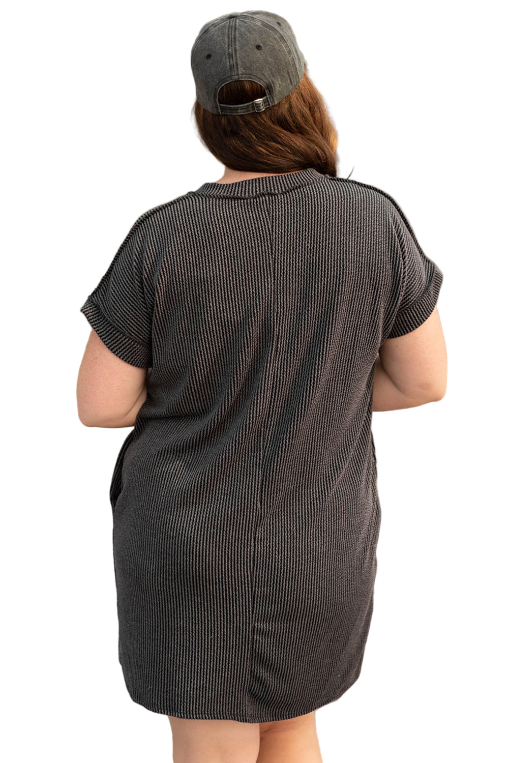 Carbon Grey Corded V Neck Plus Size T Shirt Dress with Pockets Garden Naked Curves