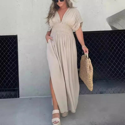 Bat-sleeved V-neck Slit  Elastic Waist Long Dress Grayceful LLC