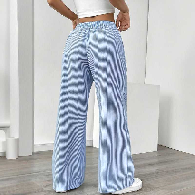 Women's Striped Print Straight Wide Leg Pockets Pants Casual Long Pants FitiqueFit